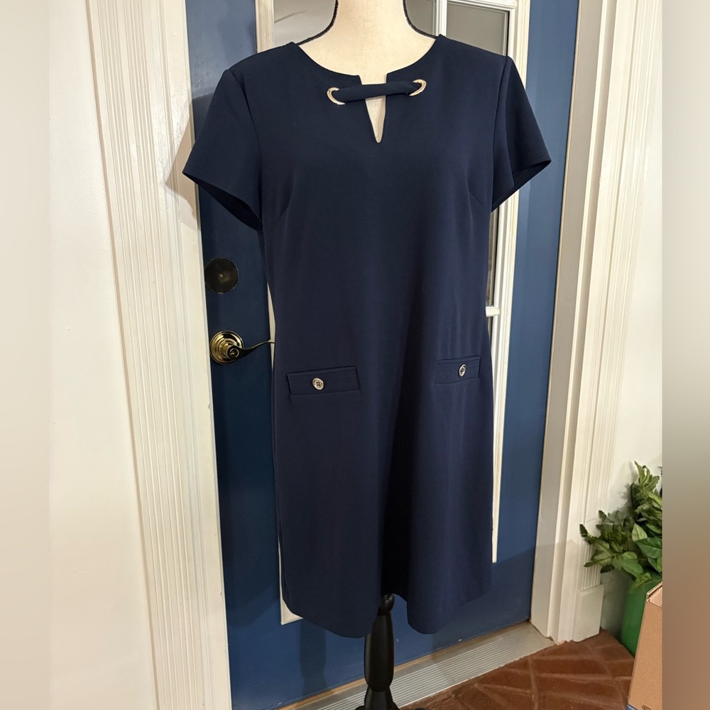 Tommy Hilfiger Blue Sheath Dress Short Sleeve Crew Neck Size 14